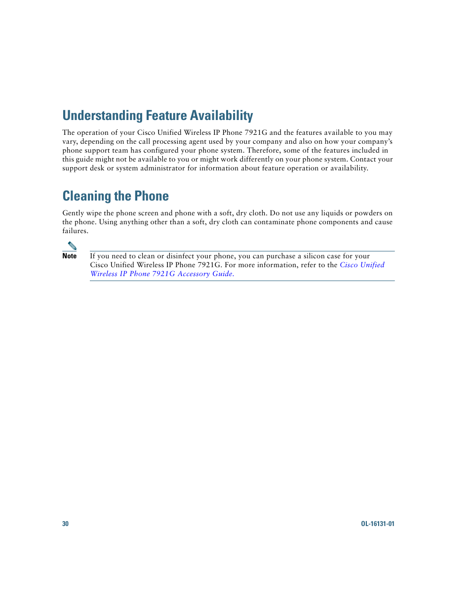 Understanding feature availability, Cleaning the phone | Cisco Cisco Unified Wireless IP Phone 7921G User Manual | Page 38 / 124