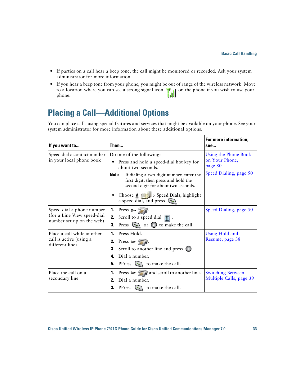 Placing a call-additional options, Placing a call—additional options | Cisco Cisco Unified Wireless IP Phone 7921G User Manual | Page 41 / 124