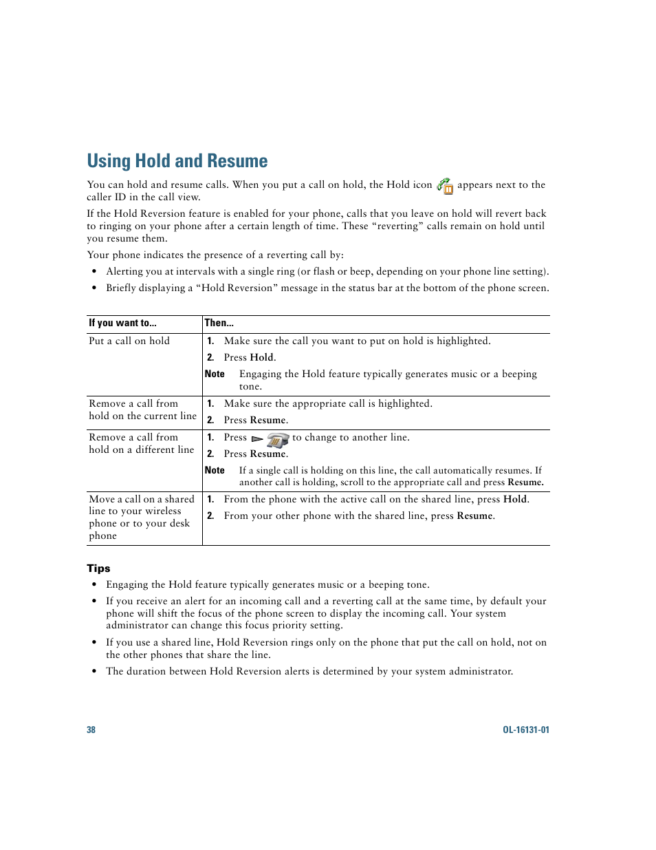 Using hold and resume | Cisco Cisco Unified Wireless IP Phone 7921G User Manual | Page 46 / 124