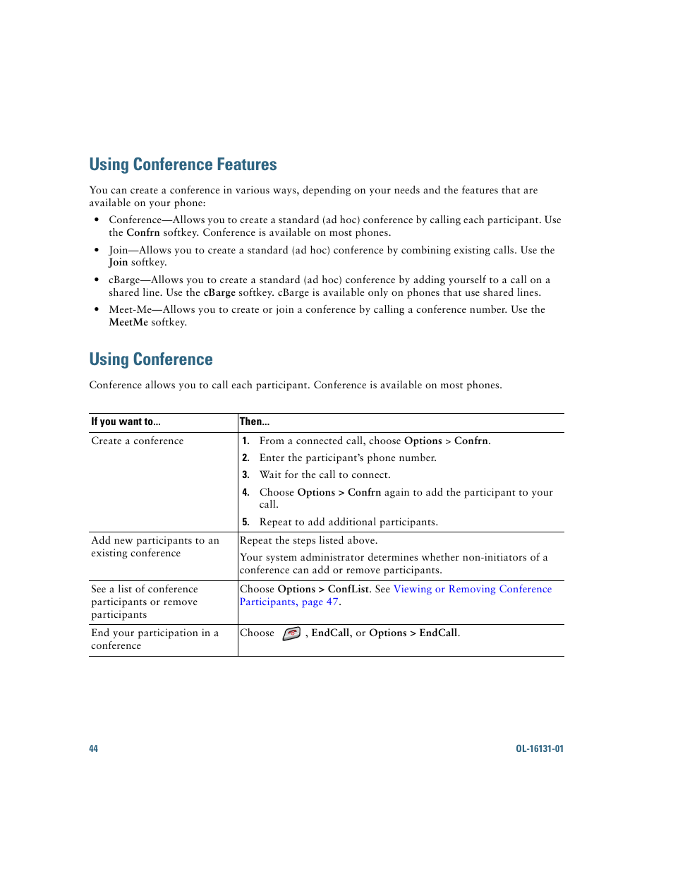 Using conference features, Using conference | Cisco Cisco Unified Wireless IP Phone 7921G User Manual | Page 52 / 124