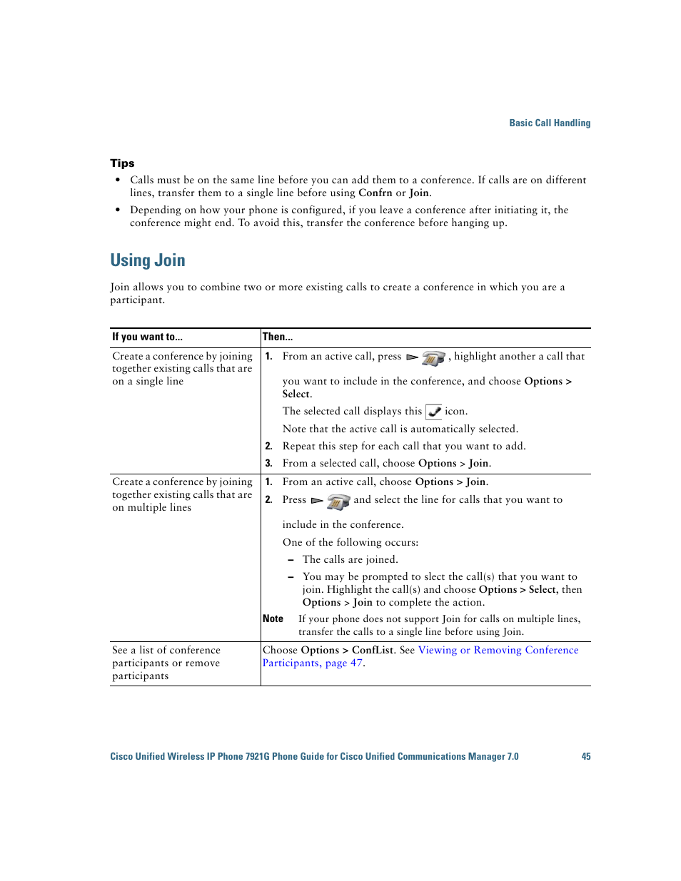 Using join | Cisco Cisco Unified Wireless IP Phone 7921G User Manual | Page 53 / 124