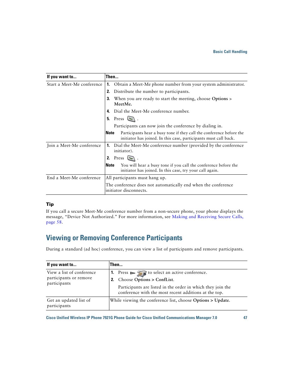 Viewing or removing conference participants, Viewing or removing conference | Cisco Cisco Unified Wireless IP Phone 7921G User Manual | Page 55 / 124