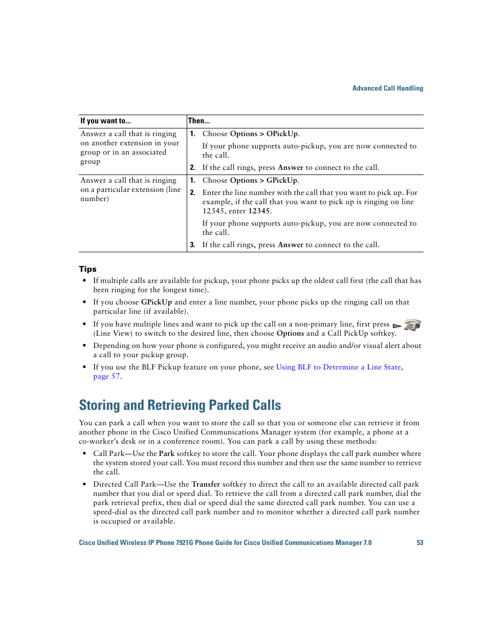 Storing and retrieving parked calls | Cisco Cisco Unified Wireless IP Phone 7921G User Manual | Page 61 / 124