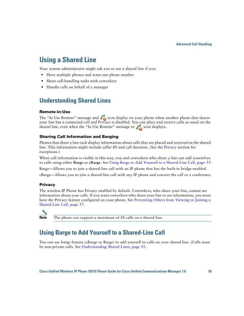 Using a shared line, Understanding shared lines, Using barge to add yourself to a shared-line call | Cisco Cisco Unified Wireless IP Phone 7921G User Manual | Page 63 / 124