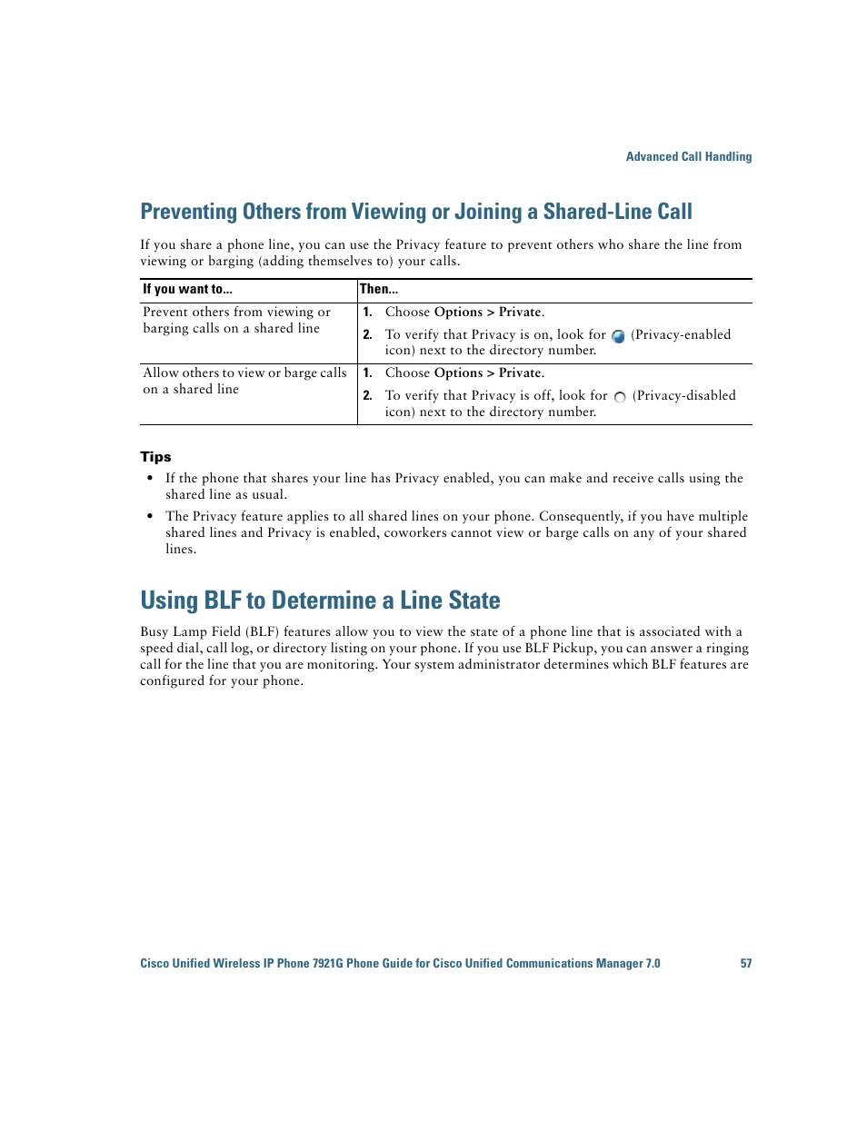 Using blf to determine a line state, Preventing others from viewing or joining a | Cisco Cisco Unified Wireless IP Phone 7921G User Manual | Page 65 / 124