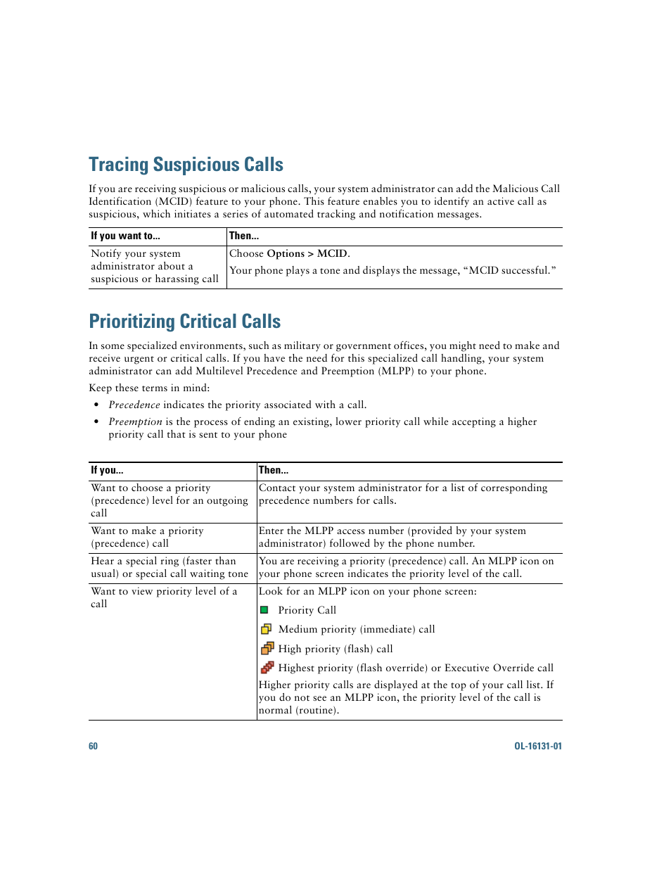 Tracing suspicious calls, Prioritizing critical calls | Cisco Cisco Unified Wireless IP Phone 7921G User Manual | Page 68 / 124