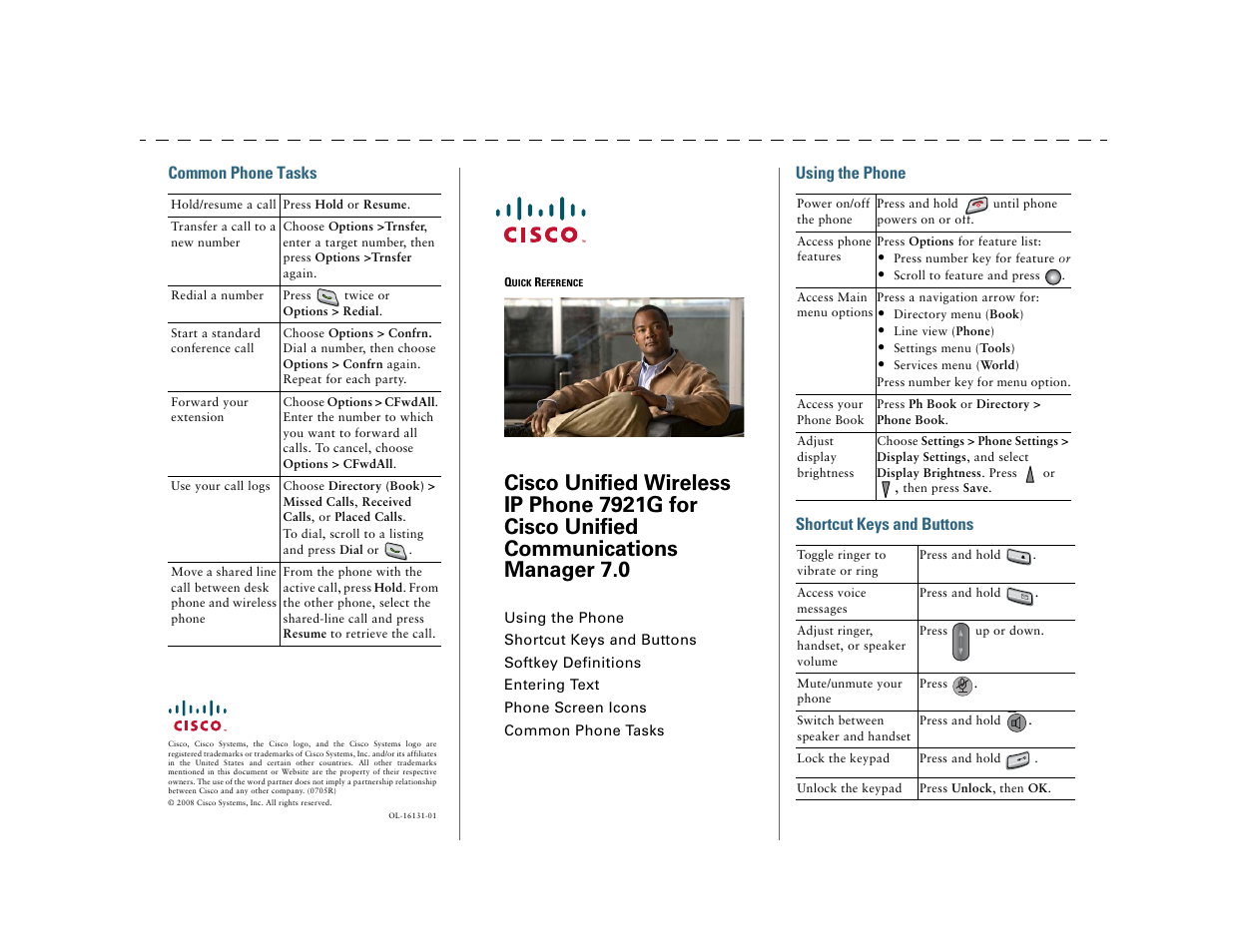 Using the phone, Shortcut keys and buttons, Common phone tasks | Quick reference vii, Using the phone shortcut keys and buttons | Cisco Cisco Unified Wireless IP Phone 7921G User Manual | Page 7 / 124