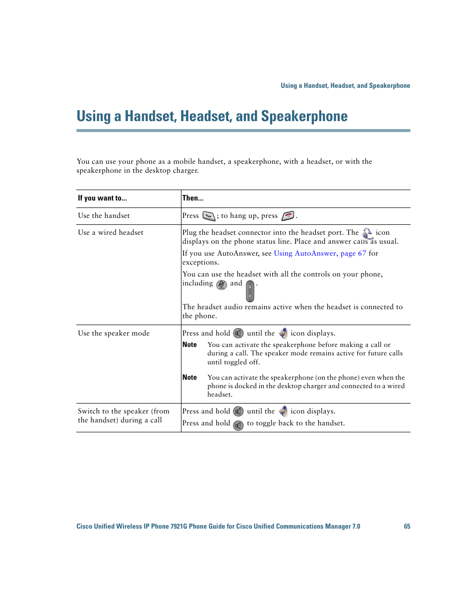 Using a handset, headset, and speakerphone | Cisco Cisco Unified Wireless IP Phone 7921G User Manual | Page 73 / 124