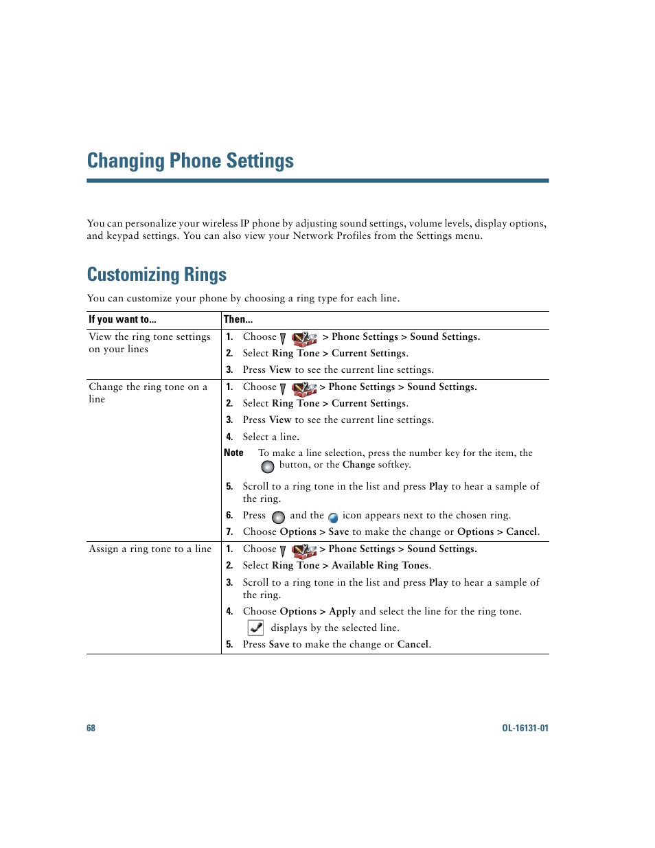 Changing phone settings, Customizing rings | Cisco Cisco Unified Wireless IP Phone 7921G User Manual | Page 76 / 124