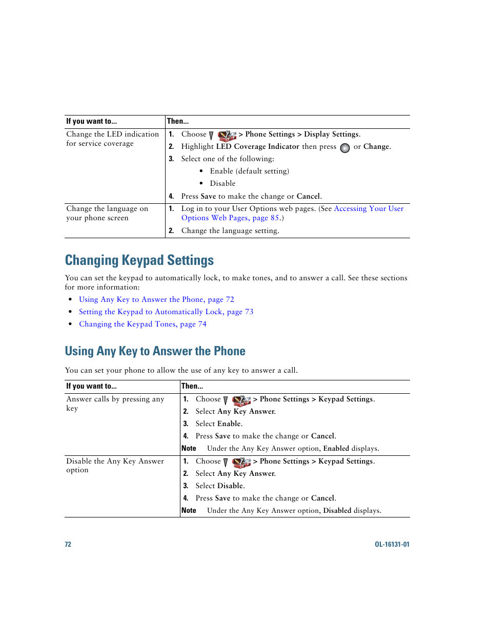 Changing keypad settings, Using any key to answer the phone | Cisco Cisco Unified Wireless IP Phone 7921G User Manual | Page 80 / 124