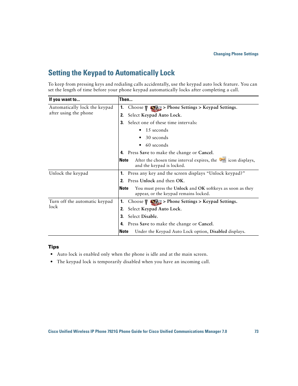 Setting the keypad to automatically lock | Cisco Cisco Unified Wireless IP Phone 7921G User Manual | Page 81 / 124
