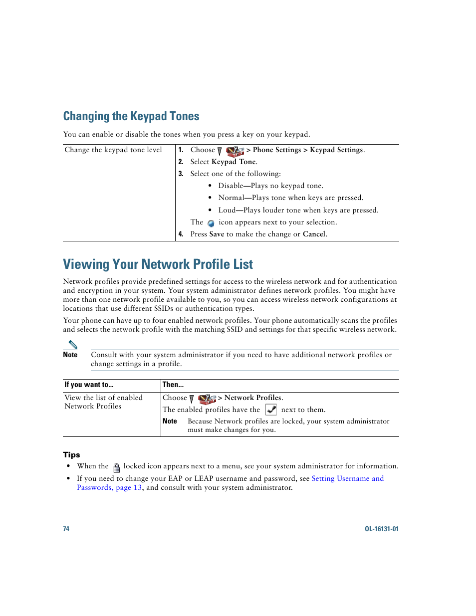 Changing the keypad tones, Viewing your network profile list | Cisco Cisco Unified Wireless IP Phone 7921G User Manual | Page 82 / 124