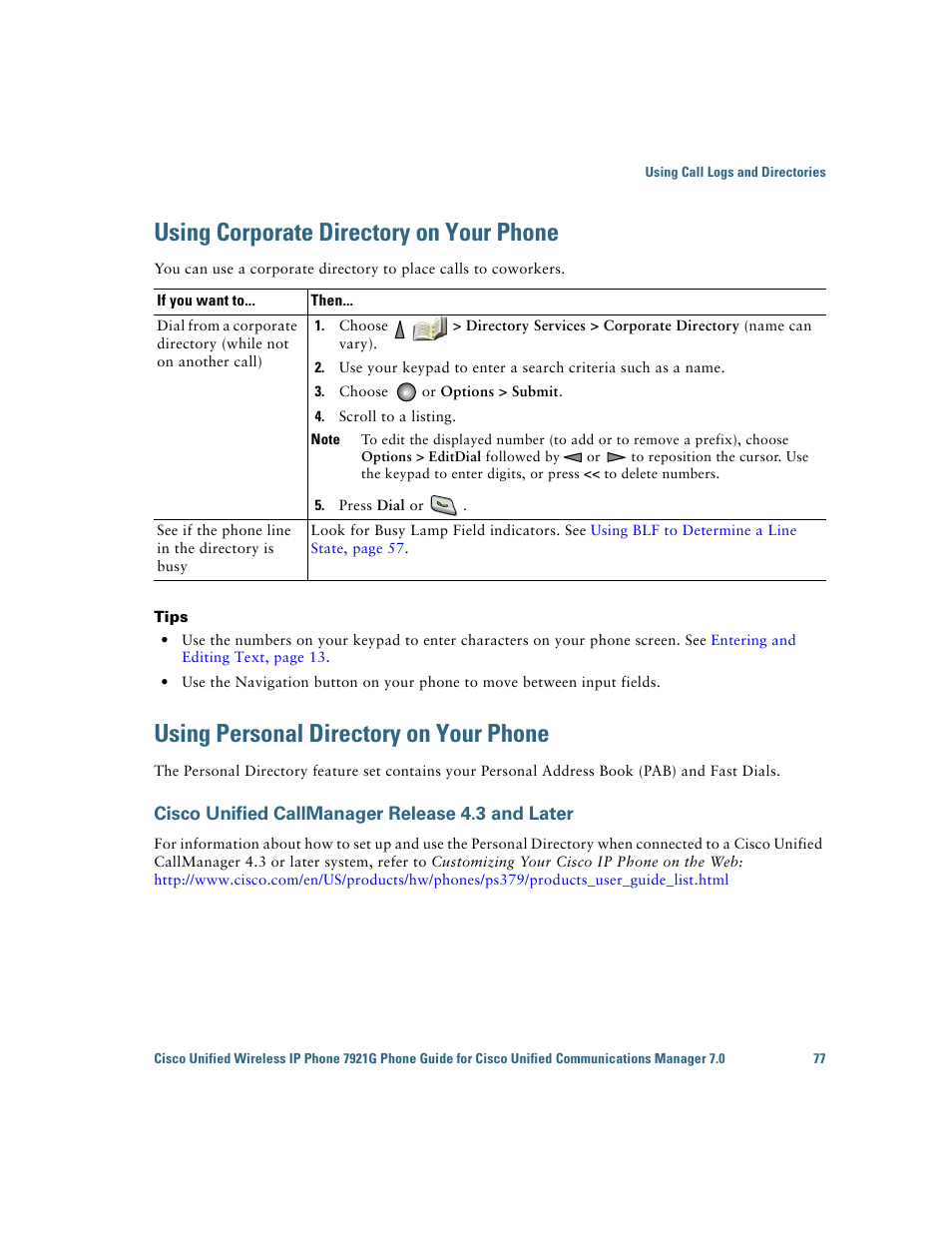 Using corporate directory on your phone, Using personal directory on your phone, Cisco unified callmanager release 4.3 and later | Cisco Cisco Unified Wireless IP Phone 7921G User Manual | Page 85 / 124