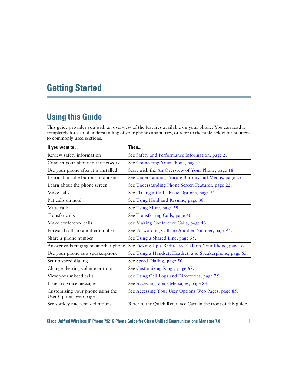 Getting started, Using this guide | Cisco Cisco Unified Wireless IP Phone 7921G User Manual | Page 9 / 124