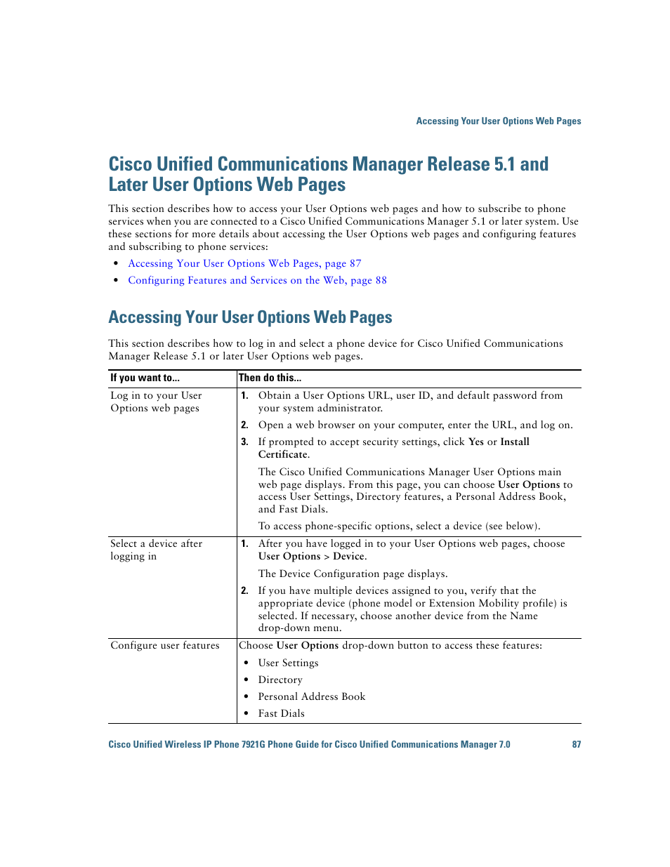 Accessing your, Accessing your user, Options web | Pages | Cisco Cisco Unified Wireless IP Phone 7921G User Manual | Page 95 / 124