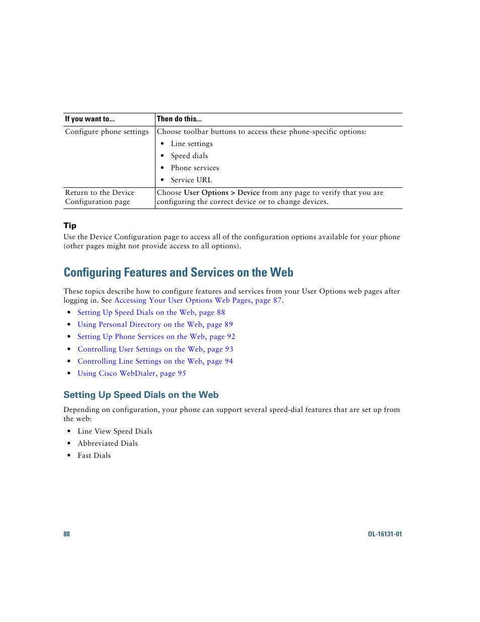 Configuring features and services on the web, Setting up speed dials on the web, Setting up speed dials on the | Cisco Cisco Unified Wireless IP Phone 7921G User Manual | Page 96 / 124