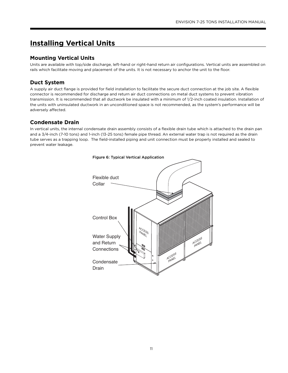 Installing vertical units, Mounting vertical units, Duct system | Condensate drain | WaterFurnace Envision (XL) User Manual | Page 10 / 43