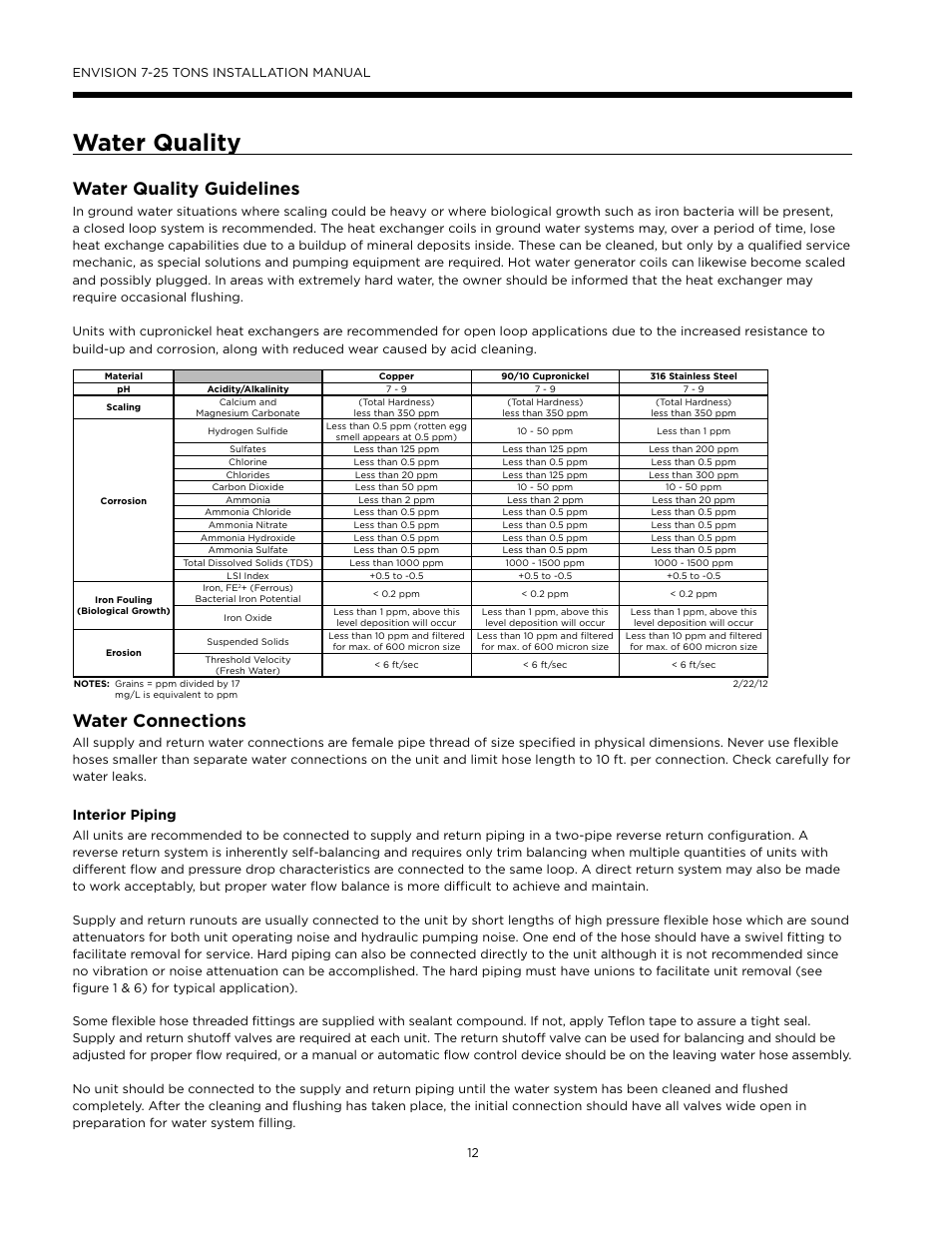 Water quality, Water connections, Water quality guidelines | Interior piping | WaterFurnace Envision (XL) User Manual | Page 11 / 43