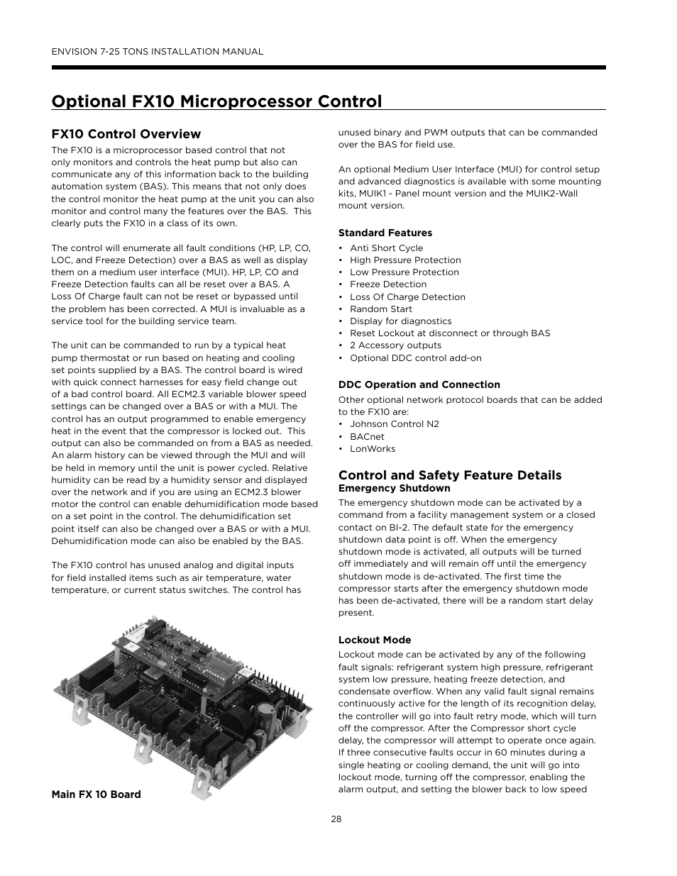 Optional fx10 microprocessor control, Fx10 control overview, Control and safety feature details | WaterFurnace Envision (XL) User Manual | Page 27 / 43