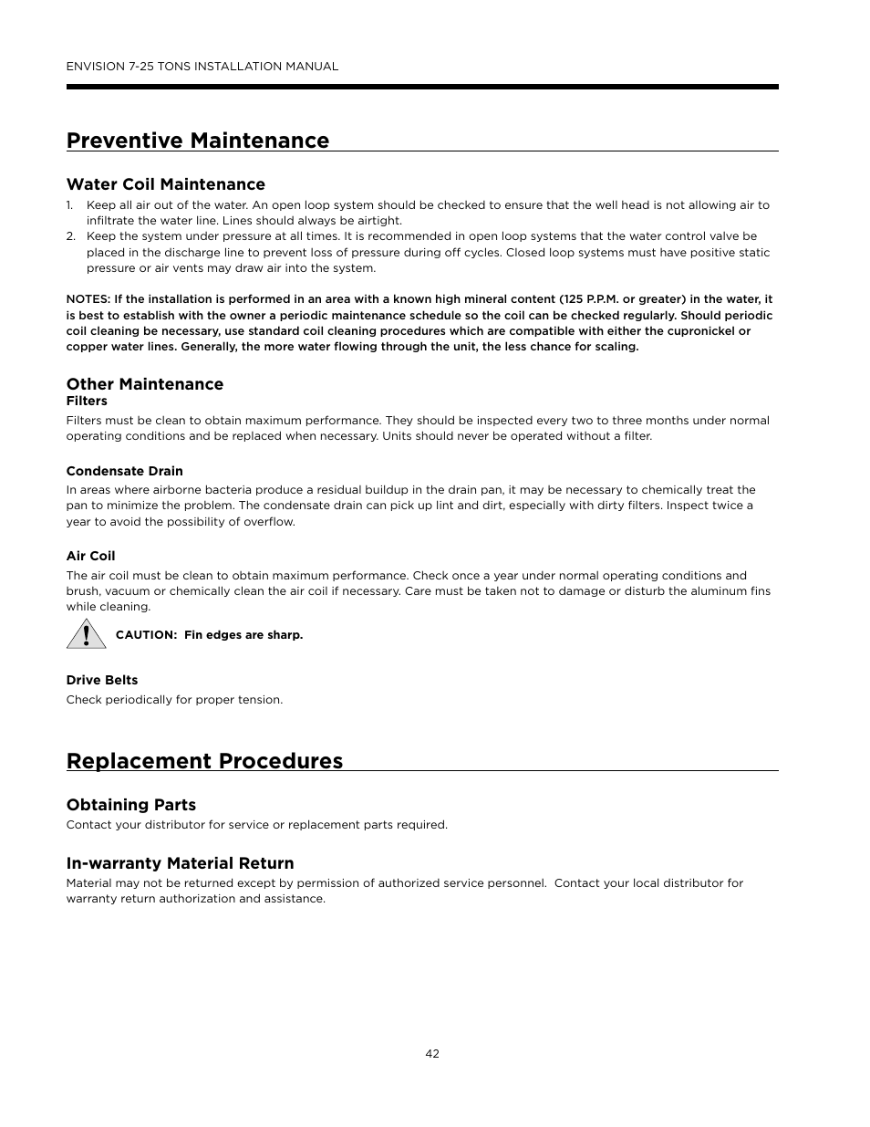 Replacement procedures, Revision guide, Preventive maintenance | Water coil maintenance, Other maintenance, Obtaining parts, In-warranty material return | WaterFurnace Envision (XL) User Manual | Page 41 / 43