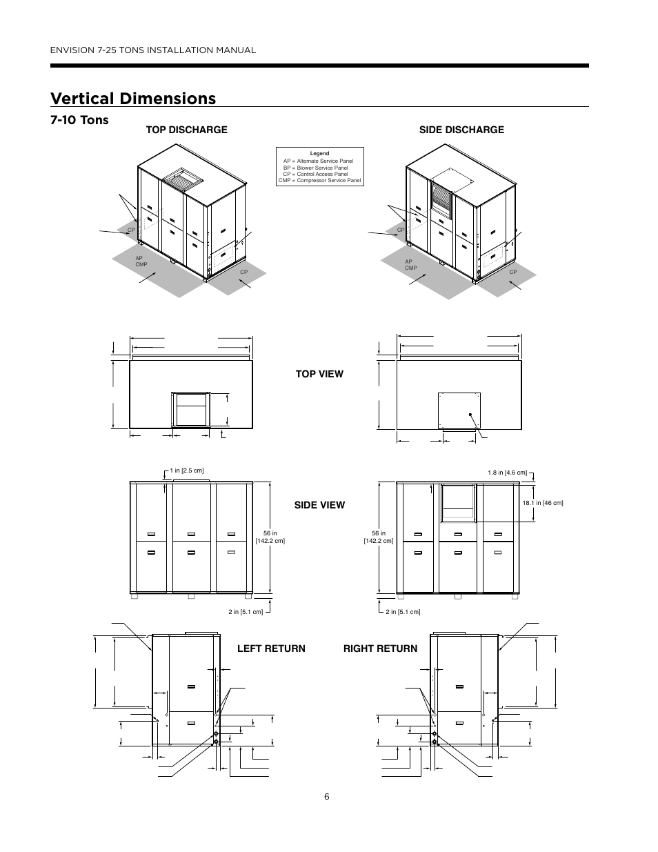 Vertical dimensions, 10 tons, Top discharge | Side discharge, Top view, Side view, Left return right return | WaterFurnace Envision (XL) User Manual | Page 5 / 43