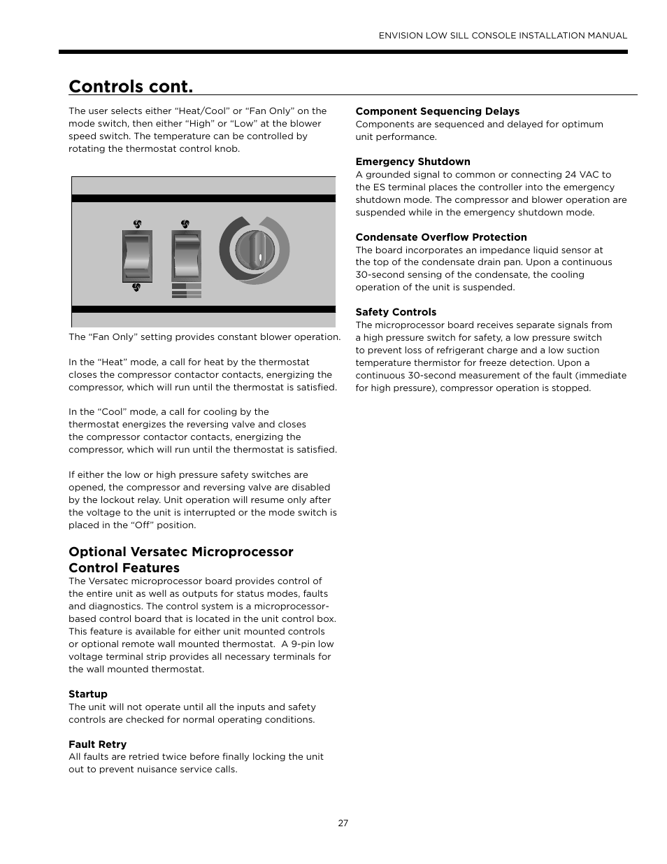 Controls cont, Optional versatec microprocessor control features | WaterFurnace Envision Low Sill User Manual | Page 27 / 48