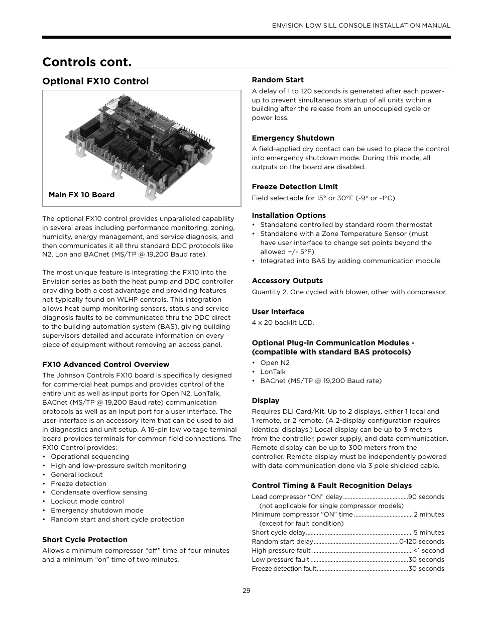 Controls cont, Optional fx10 control | WaterFurnace Envision Low Sill User Manual | Page 29 / 48