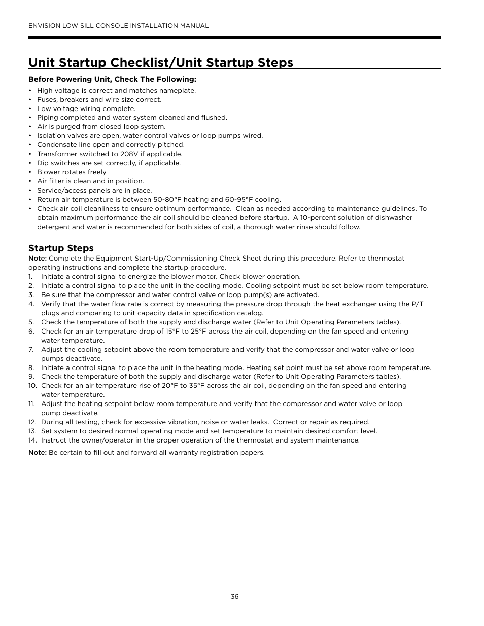 Unit startup checklist/unit startup steps, Startup steps | WaterFurnace Envision Low Sill User Manual | Page 36 / 48