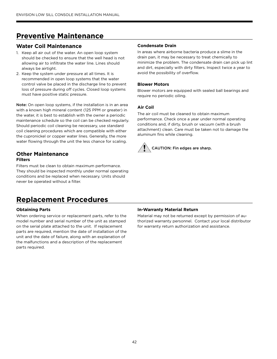 Preventive maintenance, Replacement procedures, Preventive maintenance replacement procedures | Water coil maintenance, Other maintenance | WaterFurnace Envision Low Sill User Manual | Page 42 / 48