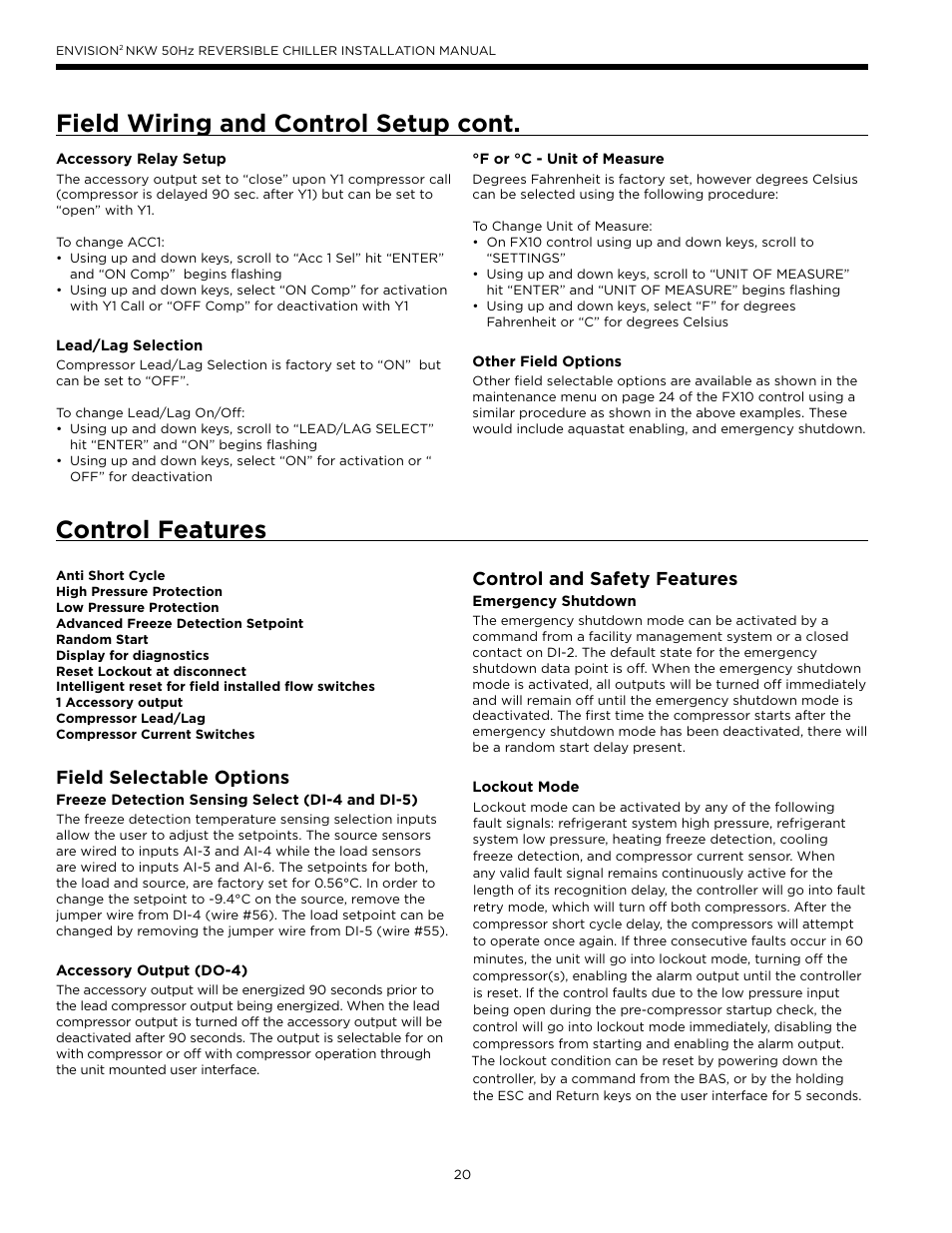 Control features, Field wiring and control setup cont, Field selectable options | Control and safety features | WaterFurnace Series NXW User Manual | Page 20 / 42