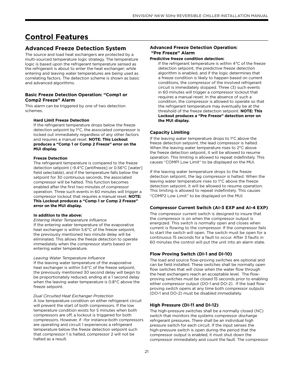 Control features, Advanced freeze detection system | WaterFurnace Series NXW User Manual | Page 21 / 42