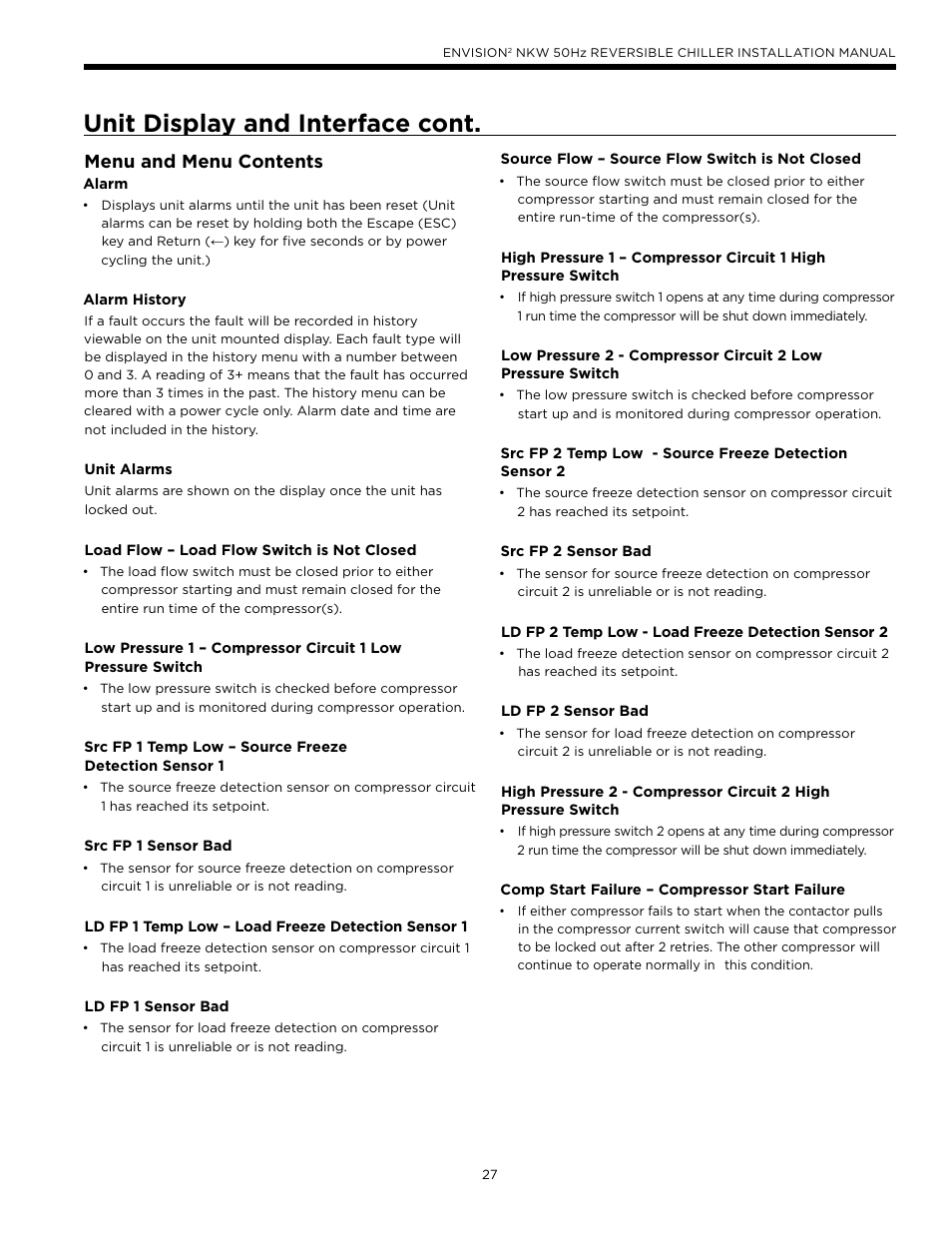 Unit display and interface cont, Menu and menu contents | WaterFurnace Series NXW User Manual | Page 27 / 42
