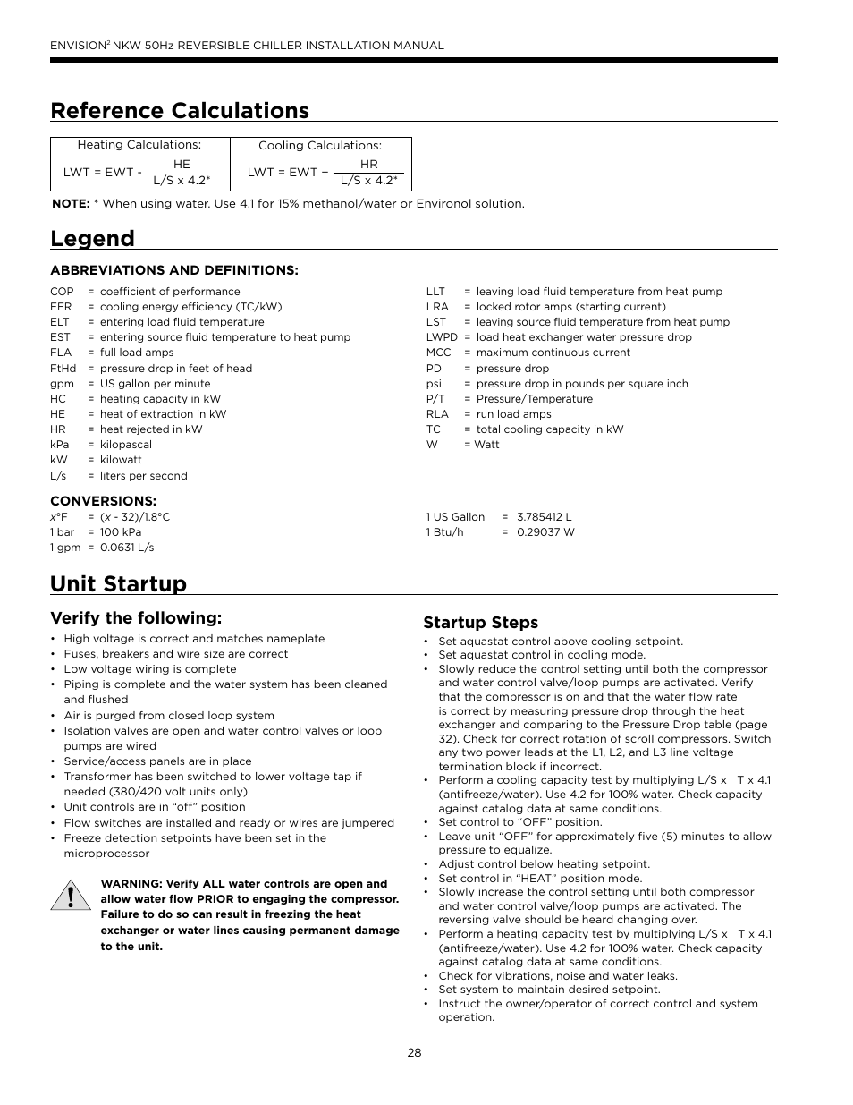 Reference calculations, Legend, Unit startup | Verify the following, Startup steps | WaterFurnace Series NXW User Manual | Page 28 / 42