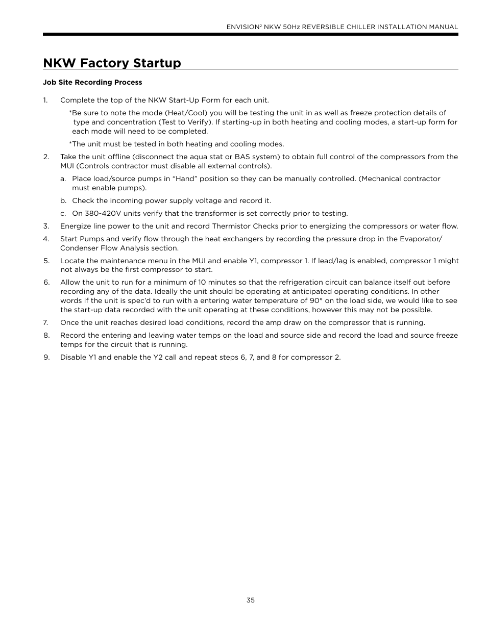 Nkw factory startup, Nkw pre-start-up checklist | WaterFurnace Series NXW User Manual | Page 35 / 42