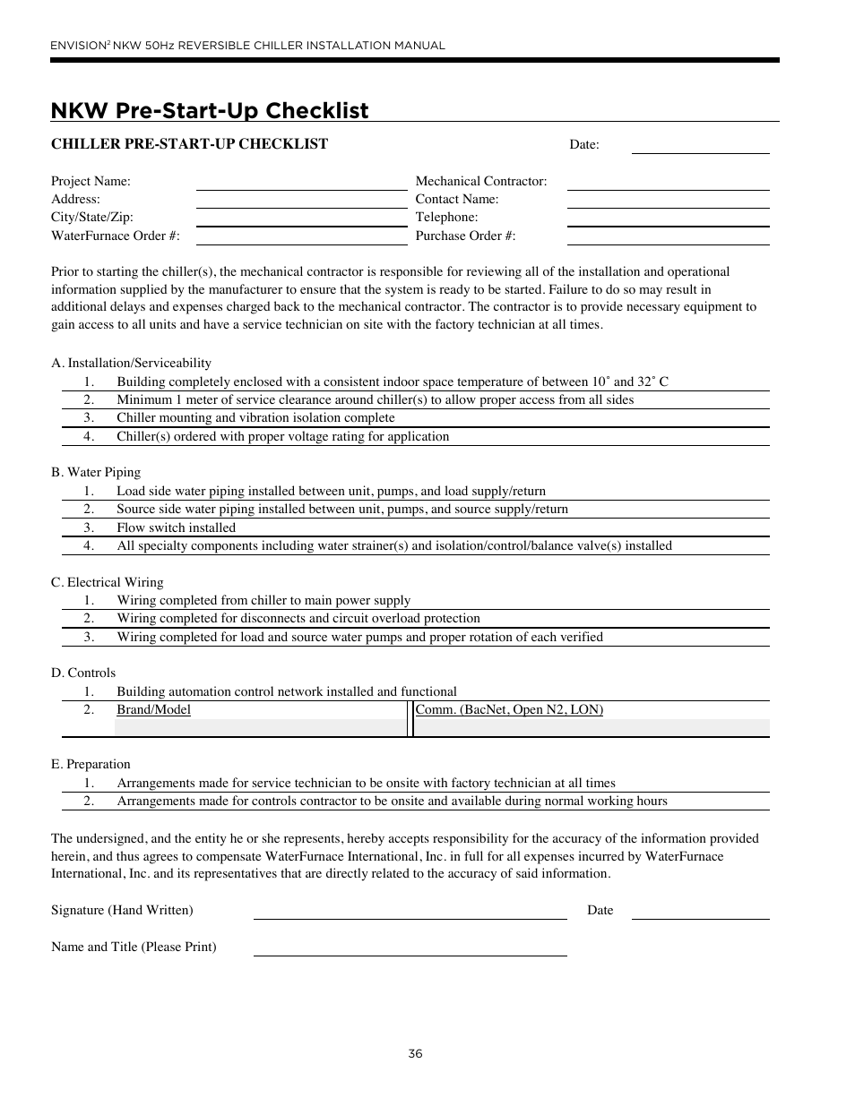 Nkw start-up form, Nkw pre-start-up checklist | WaterFurnace Series NXW User Manual | Page 36 / 42