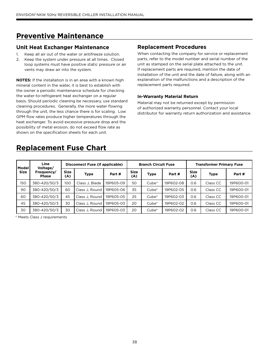 Preventive maintenance, Replacement fuse chart, Unit heat exchanger maintenance | Replacement procedures | WaterFurnace Series NXW User Manual | Page 38 / 42