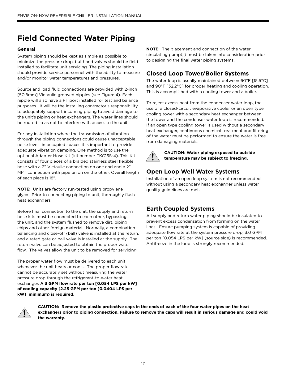 Field connected water piping, Closed loop tower/boiler systems, Open loop well water systems | Earth coupled systems | WaterFurnace Envision2 NXW Chiller User Manual | Page 10 / 44