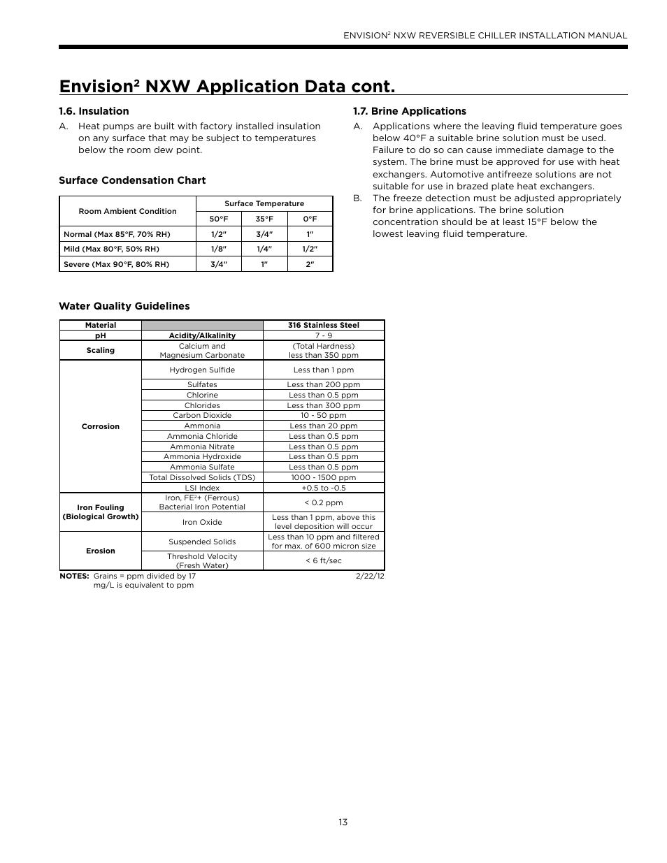 Envision, Nxw application data cont | WaterFurnace Envision2 NXW Chiller User Manual | Page 13 / 44