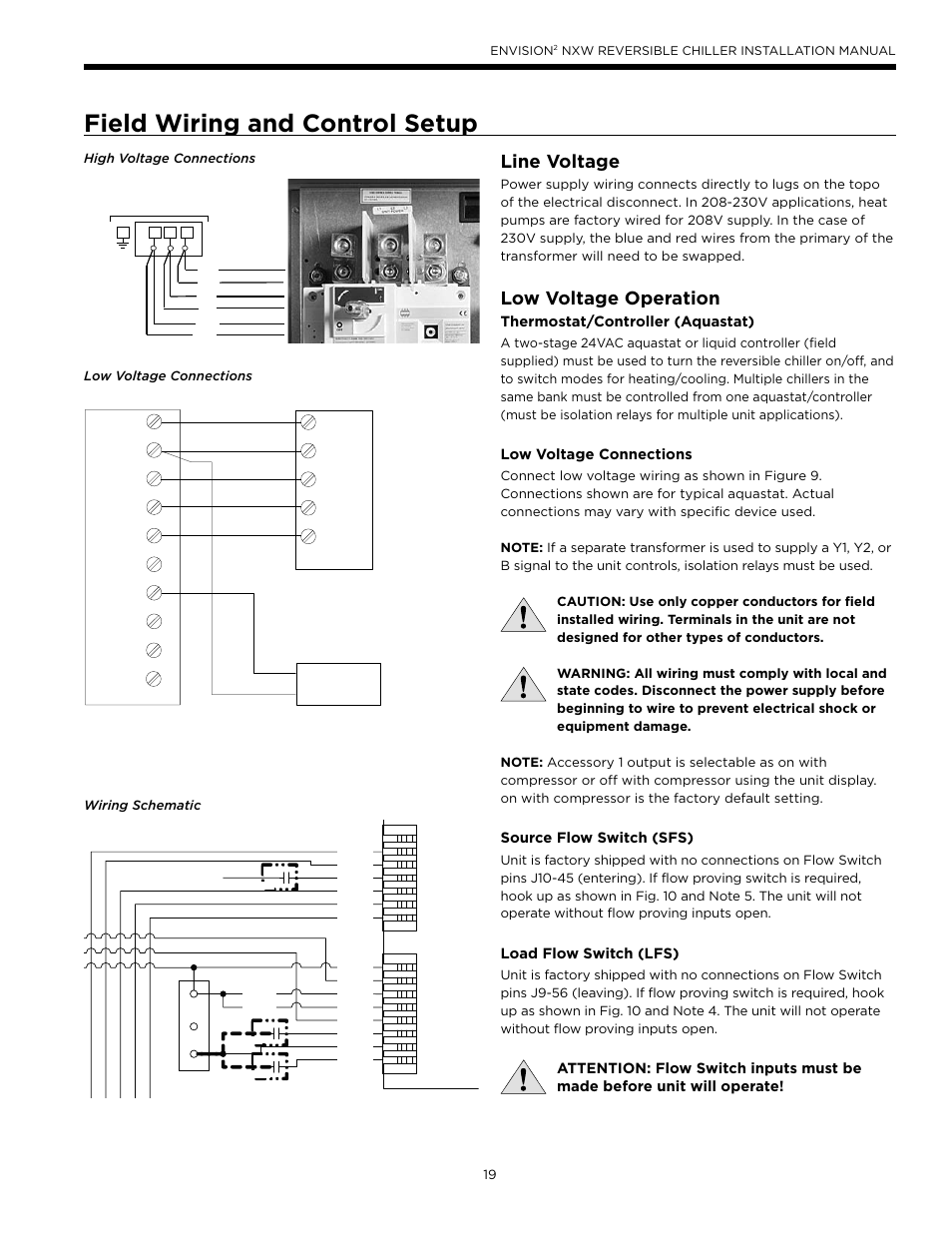 Field wiring and control setup, Line voltage, Low voltage operation | Thermostat/controller (aquastat), Low voltage connections, Source flow switch (sfs), Load flow switch (lfs) | WaterFurnace Envision2 NXW Chiller User Manual | Page 19 / 44