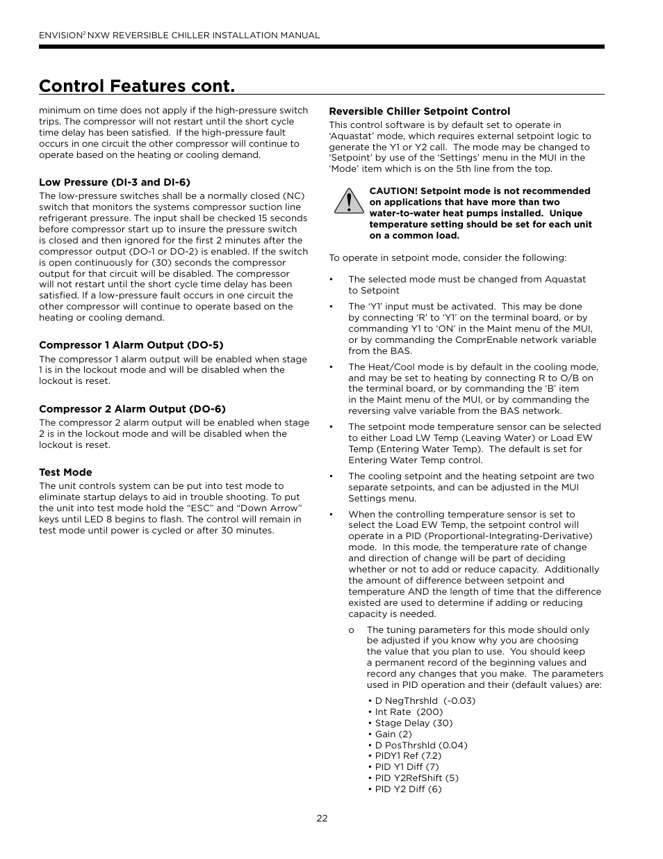 Control features cont | WaterFurnace Envision2 NXW Chiller User Manual | Page 22 / 44