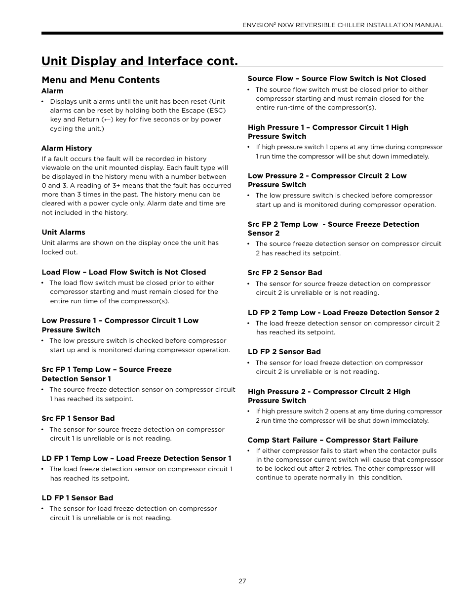 Unit display and interface cont, Menu and menu contents | WaterFurnace Envision2 NXW Chiller User Manual | Page 27 / 44