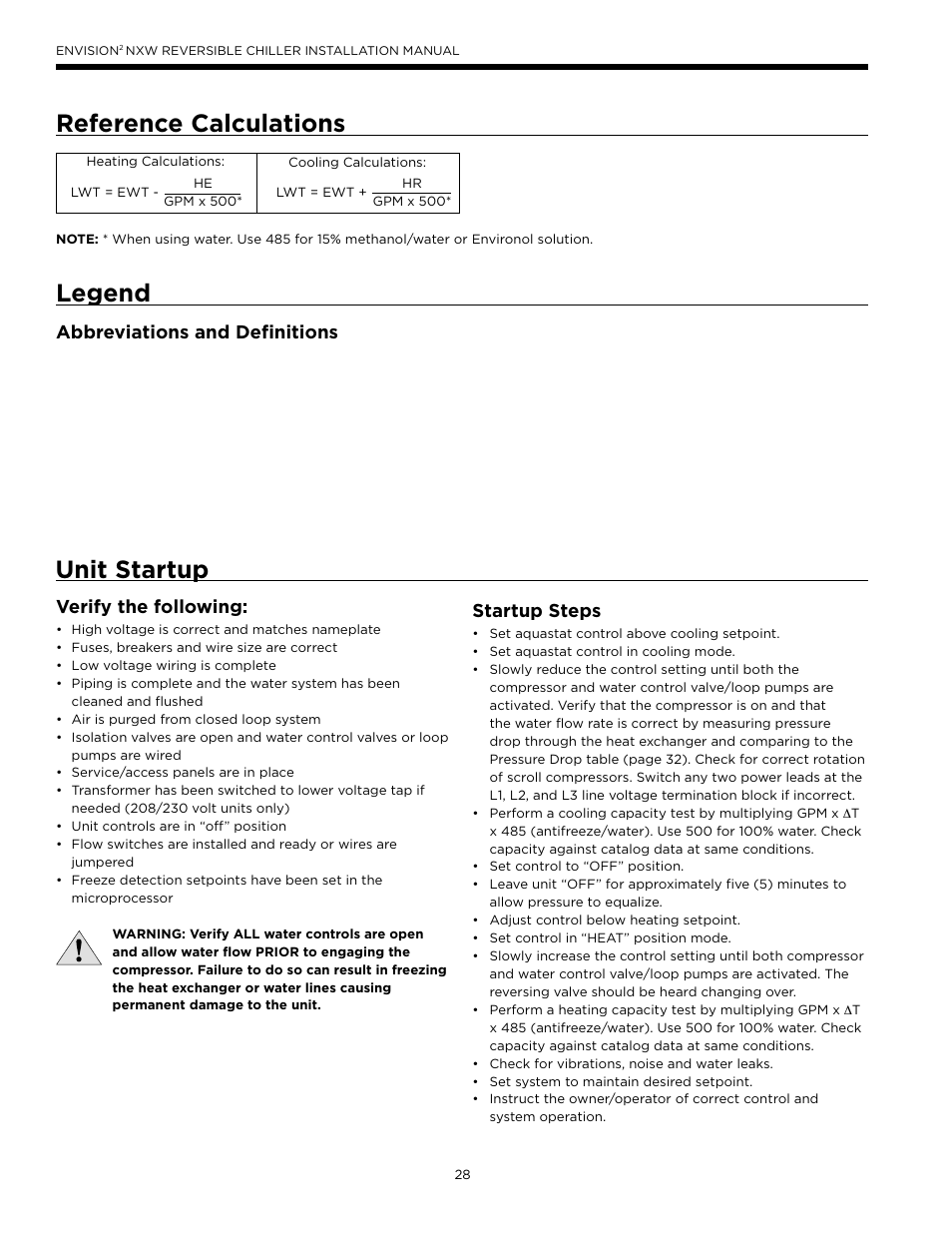 Reference calculations, Legend, Unit startup | Abbreviations and definitions, Verify the following, Startup steps | WaterFurnace Envision2 NXW Chiller User Manual | Page 28 / 44