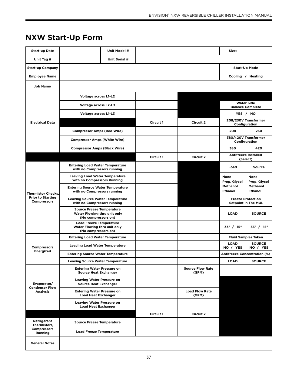 Nxw start-up form | WaterFurnace Envision2 NXW Chiller User Manual | Page 37 / 44