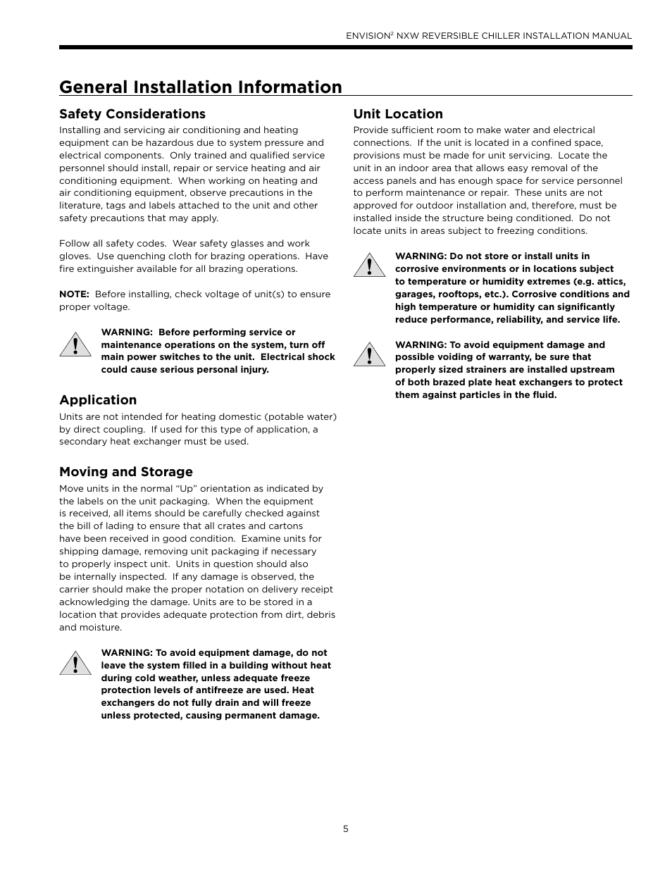General installation information, Safety considerations, Application | Moving and storage, Unit location | WaterFurnace Envision2 NXW Chiller User Manual | Page 5 / 44