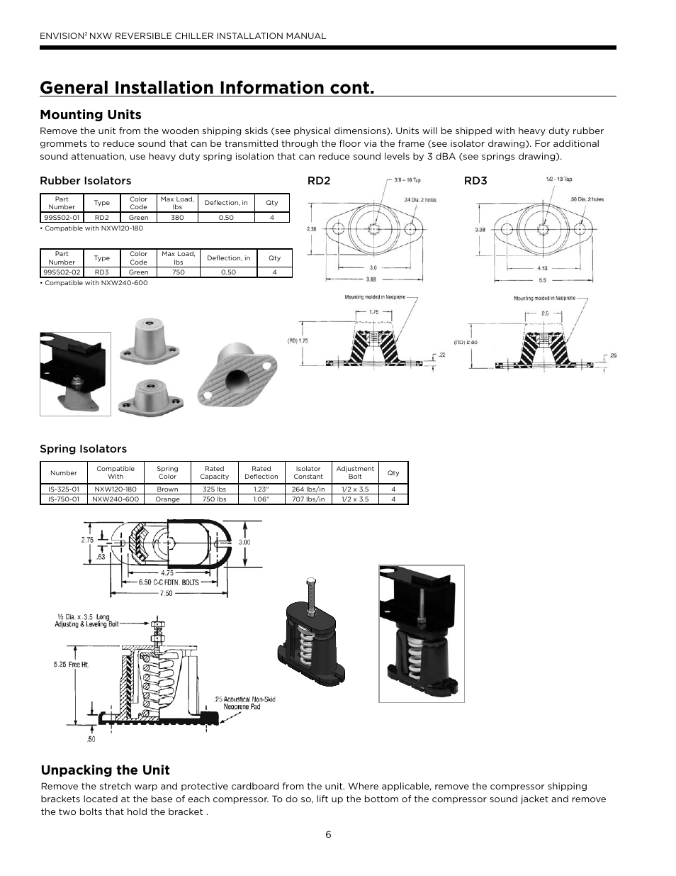 Mounting units, Vibration isolators, General installation information cont | Unpacking the unit, Spring isolators rubber isolators rd2 rd3 | WaterFurnace Envision2 NXW Chiller User Manual | Page 6 / 44