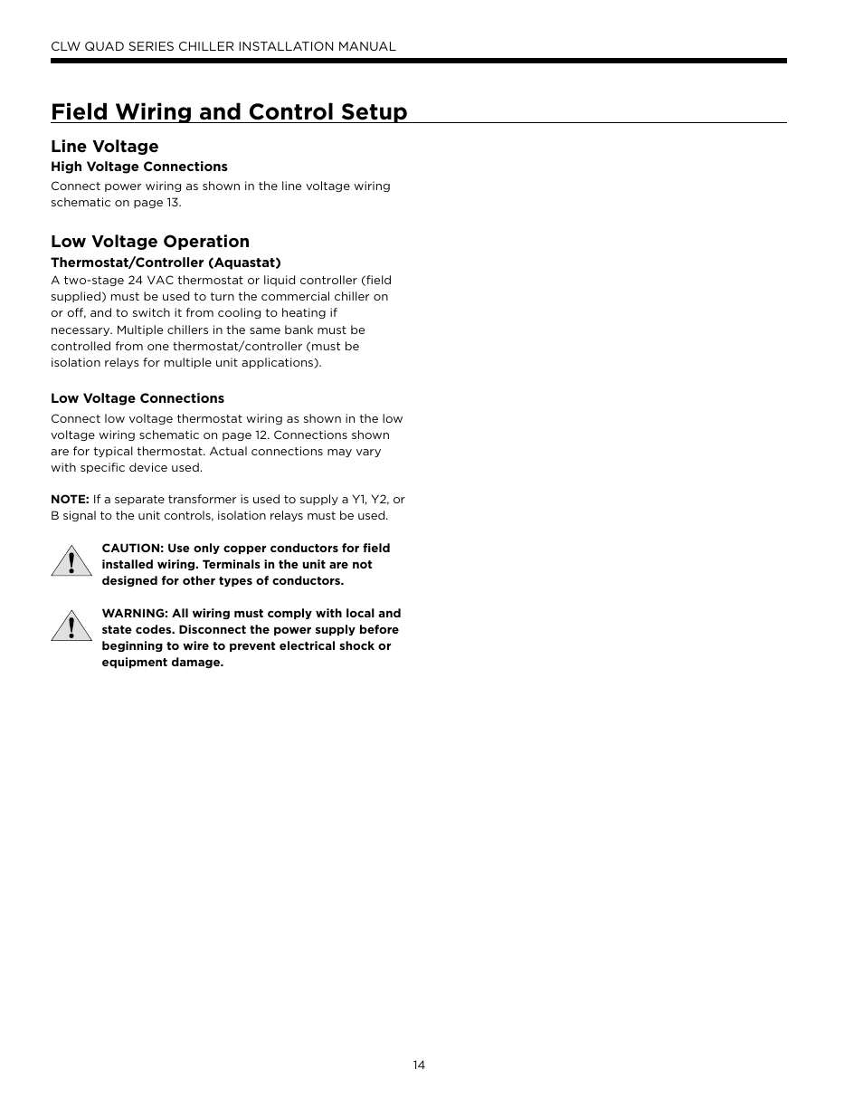 Field wiring and control setup, Line voltage, Low voltage operation | WaterFurnace CLW Chiller User Manual | Page 14 / 28