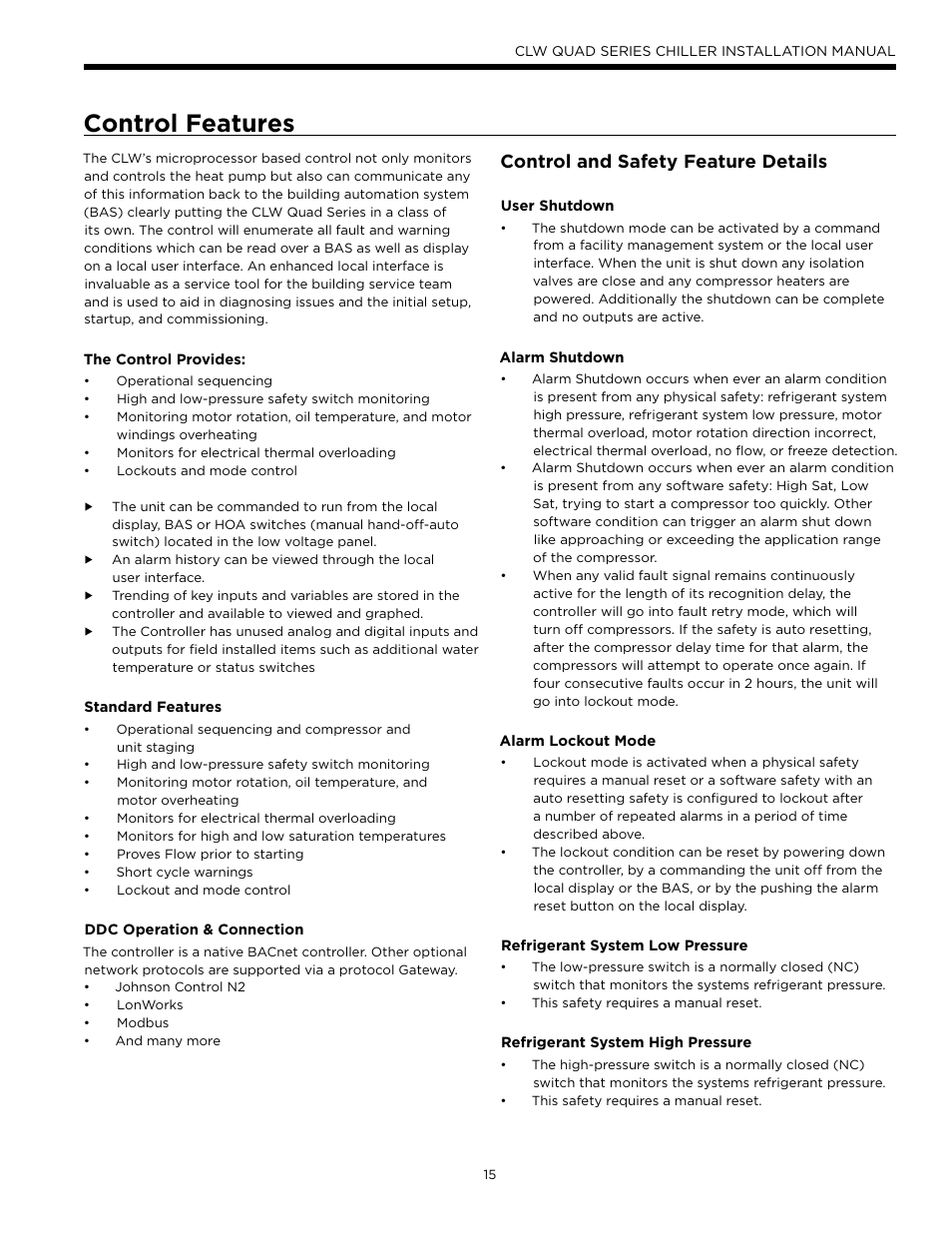 Control features, Control and safety feature details | WaterFurnace CLW Chiller User Manual | Page 15 / 28