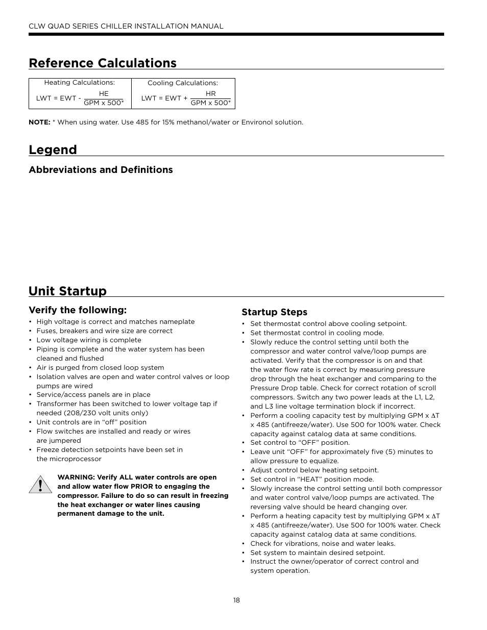 Reference calculations, Legend, Unit startup | Abbreviations and definitions, Verify the following, Startup steps | WaterFurnace CLW Chiller User Manual | Page 18 / 28