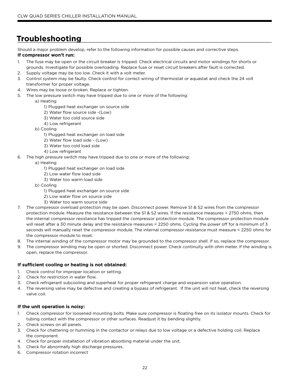 Troubleshooting | WaterFurnace CLW Chiller User Manual | Page 22 / 28