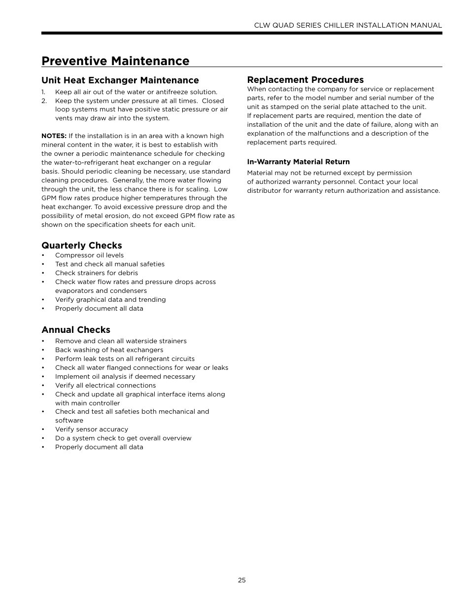 Preventive maintenance, Replacement procedures, Unit heat exchanger maintenance | Quarterly checks, Annual checks | WaterFurnace CLW Chiller User Manual | Page 25 / 28